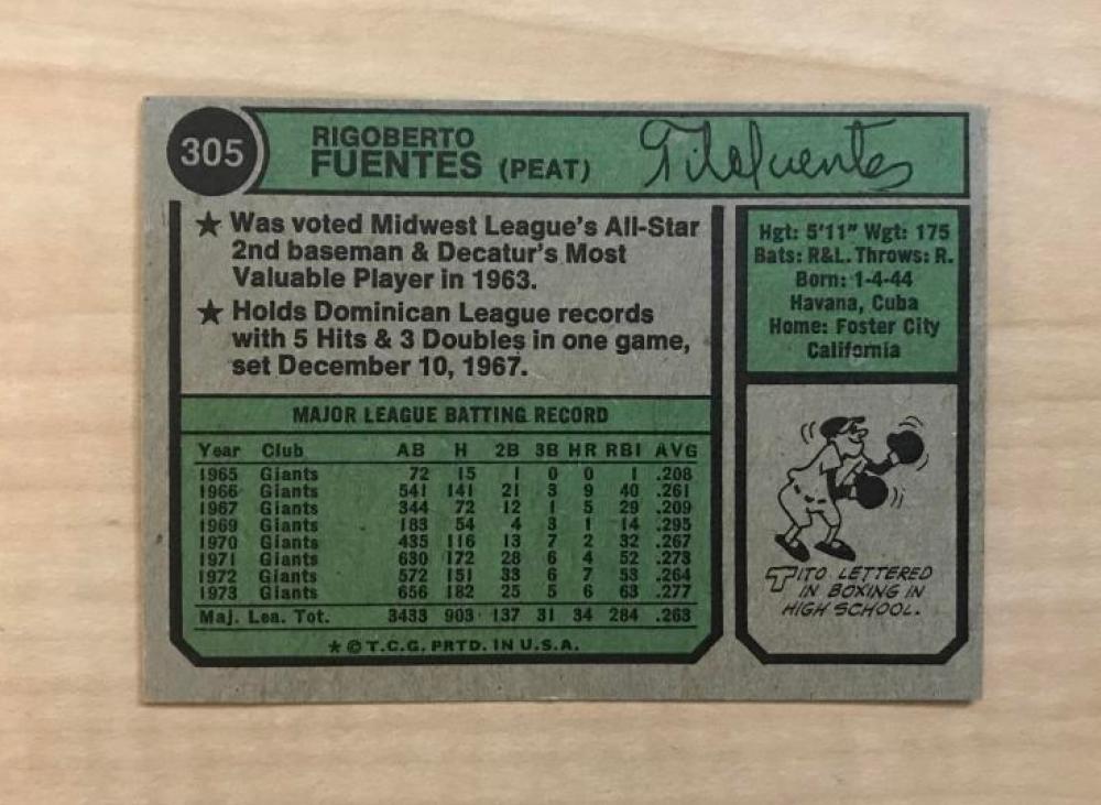 TITO FUENTES SAN FRANCISCO GIANTS SIGNED VINTAGE 1974 TOPPS CARD #305 W/COA