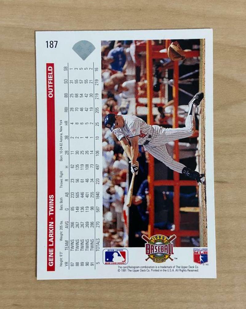 GENE LARKIN MINNESOTA TWINS SIGNED AUTOGRAPHED 1992 UPPER DECK CARD #187 W/COA A