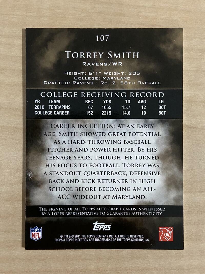 TORREY SMITH BALTIMORE RAVENS SIGNED 2011 TOPPS INCEPTION 97/200 CARD #107