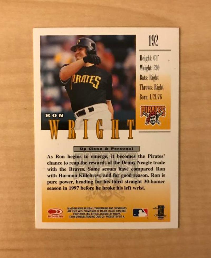 RON WRIGHT PITTSBURGH PIRATES SIGNED 1998 DONRUSS STUDIO CARD #192 W/COA 