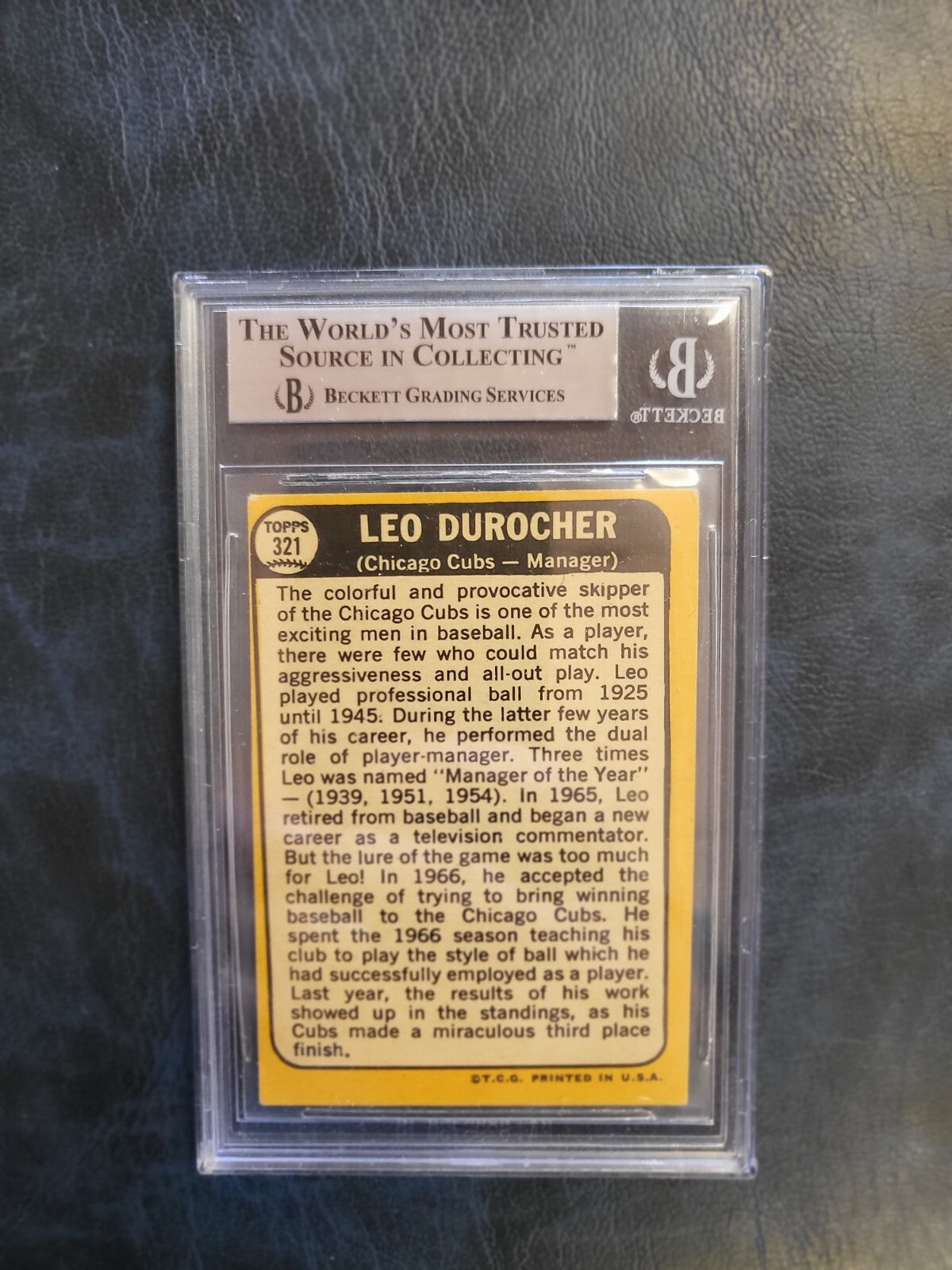 1968 TOPPS LEO DUROCHER CHICAGO CUBS SIGNED AUTO #321 BASEBALL CARD BECKETT AUTH
