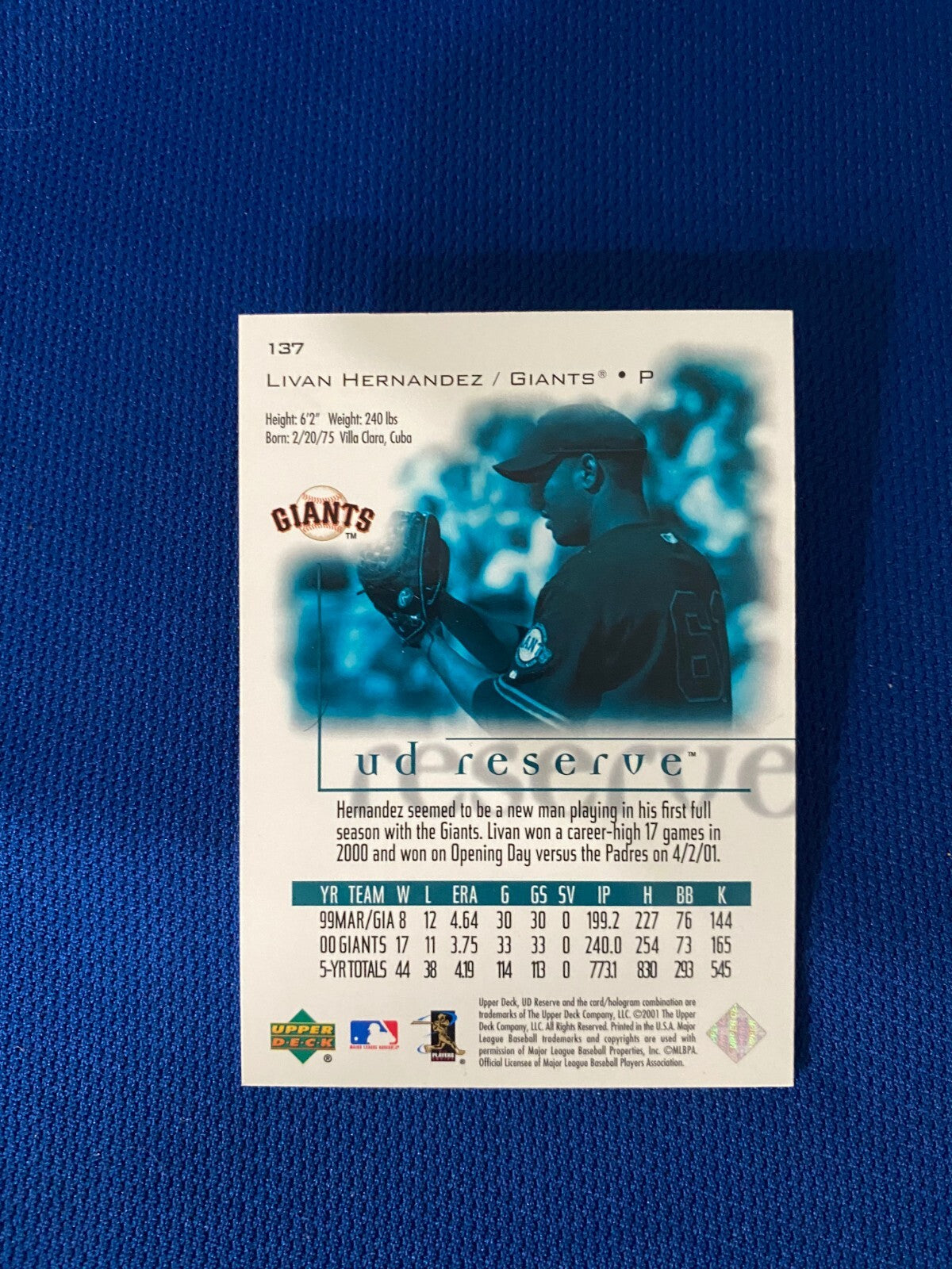 2001 UPPER DECK LIVAN HERNANDEZ GIANTS AUTOGRAPH SIGNED CARD #137 W/COA
