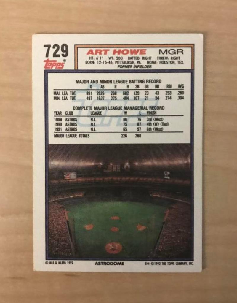 ART HOWE HOUSTON ASTROS SIGNED AUTOGRAPHED 1992 TOPPS CARD #729 W/COA