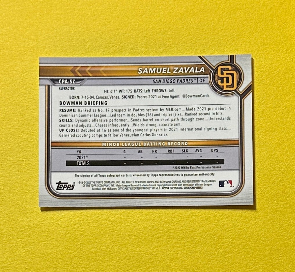 2022 BOWMAN CHROME SAMUEL ZAVALA REFRACTOR AUTO /499 #CPA-SZ PADRES 1ST BOWMAN