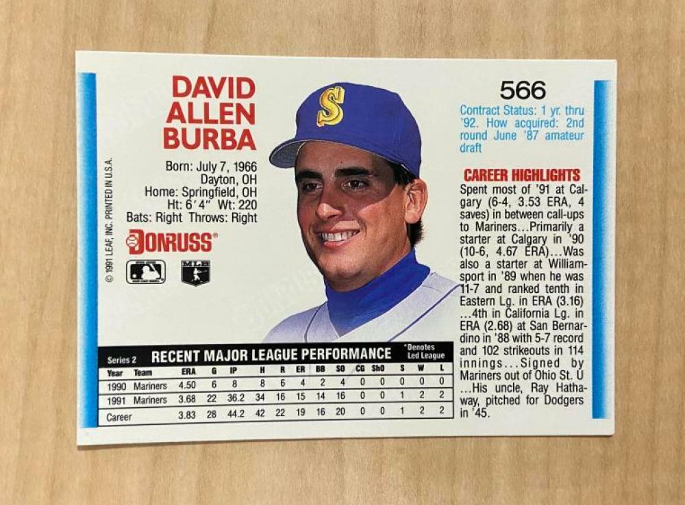 DAVE BURBA SEATTLE MARINERS SIGNED AUTOGRAPHED 1992 DONRUSS CARD #566 W/COA