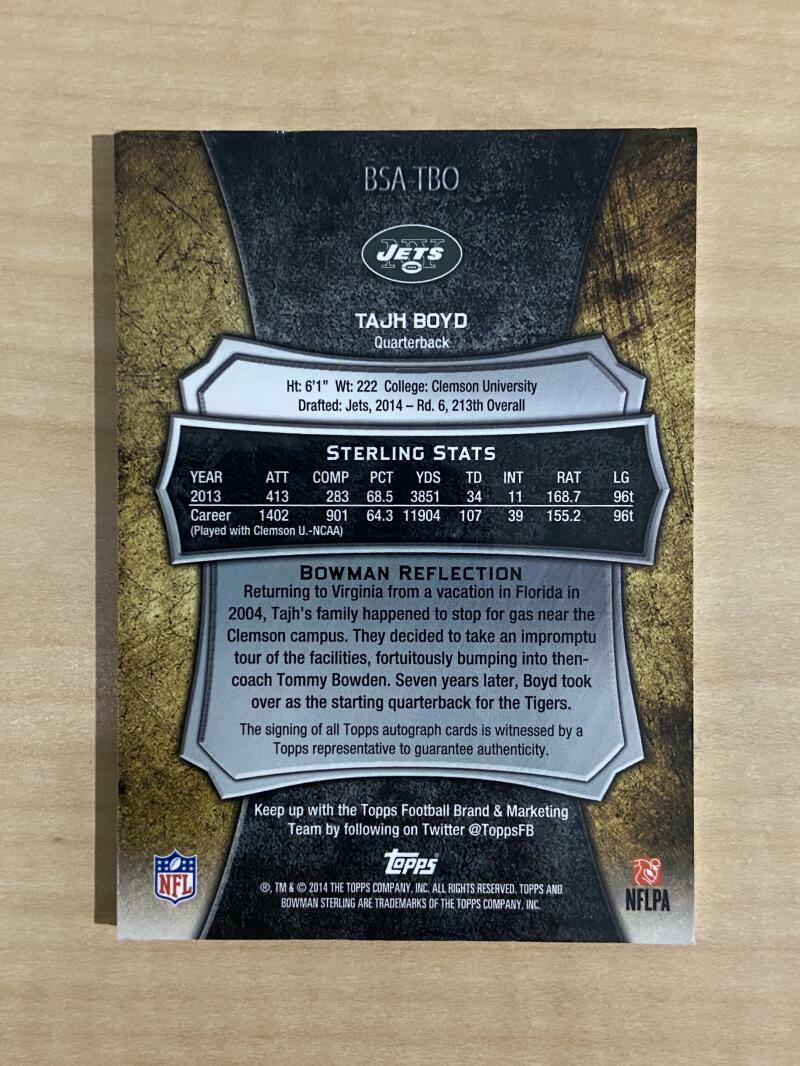 TAJH BOYD NEW YORK JETS SIGNED 2014 BOWMAN STERLING CARD #BSA-TBO W/COA