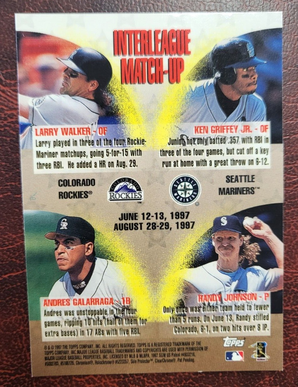 1997 TOPPS FINEST INTERLEAGUE MATCH UP KEN GRIFFEY JR R.JOHNSON WALKER UNPEELED