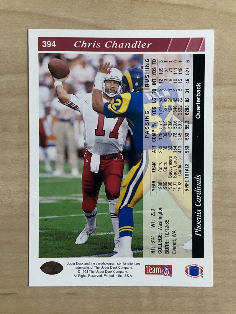 CHRIS CHANDLER ARIZONA CARDINALS SIGNED 1993 UPPER DECK CARD #394 W/COA