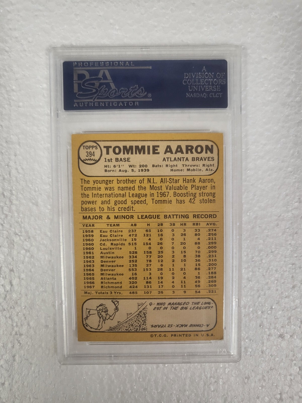 1968 TOPPS TOMMIE AARON MILWAUKEE BRAVES SIGNED AUTOGRAPHED #394 CARD PSA
