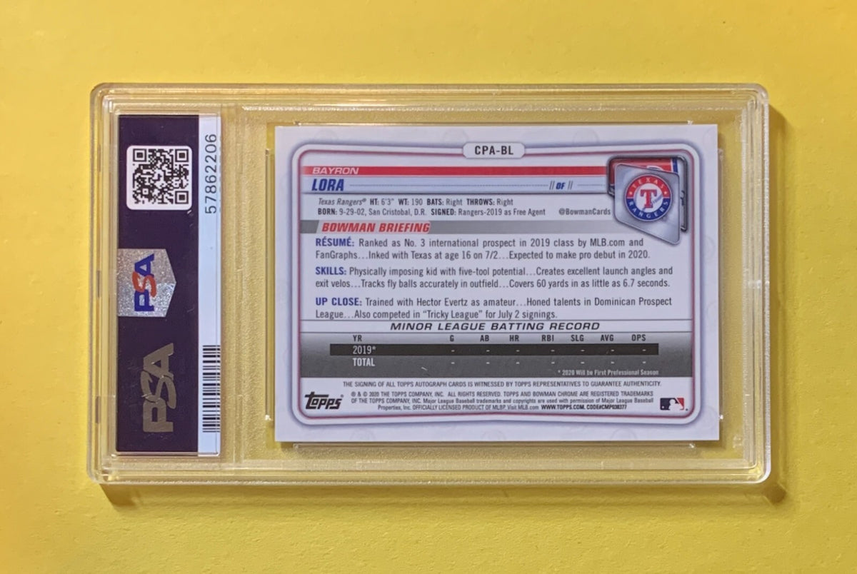 2020 BOWMAN CHROME BAYRON LORA 1ST BOWMAN AUTO #CPABL PSA GEM MT 10 RANGERS