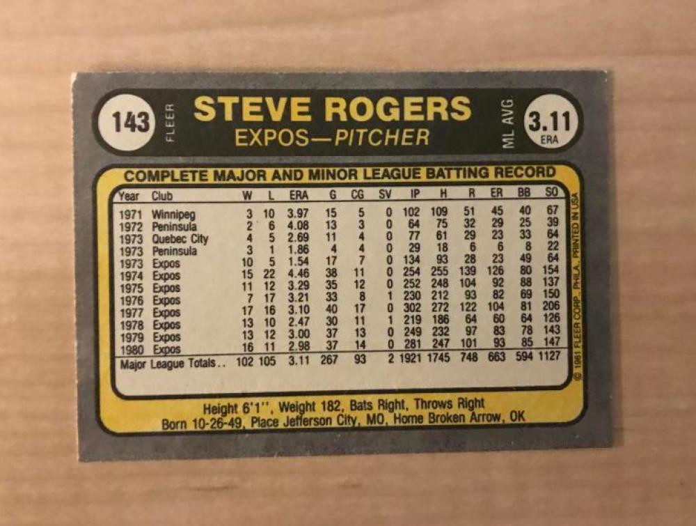 STEVE ROGERS MONTREAL EXPOS SIGNED AUTOGRAPHED 1981 FLEER CARD #143 W/COA