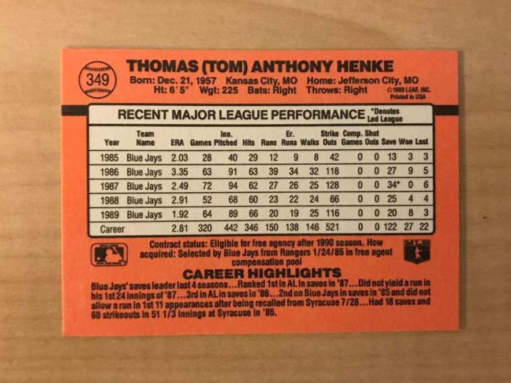 TOM HENKE TORONTO BLUE JAYS SIGNED AUTOGRPAHED 1990 DONRUSS CARD #349 W/COA 