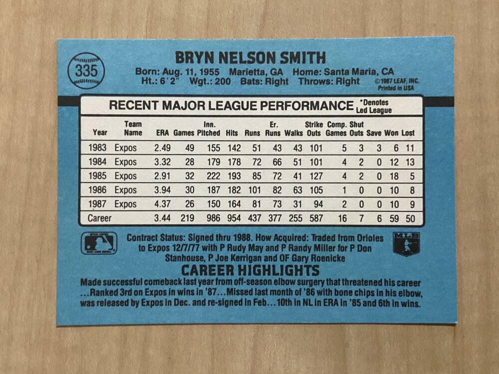 BRYN SMITH MONTREAL EXPOS SIGNED AUTOGRAPHED 1988 DONRUSS CARD #335 W/COA