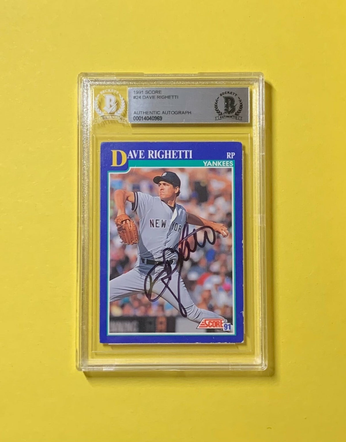 1991 SCORE DAVE RIGHETTI #24 AUTHENTIC AUTO BECKETT CERTIFIED YANKEES