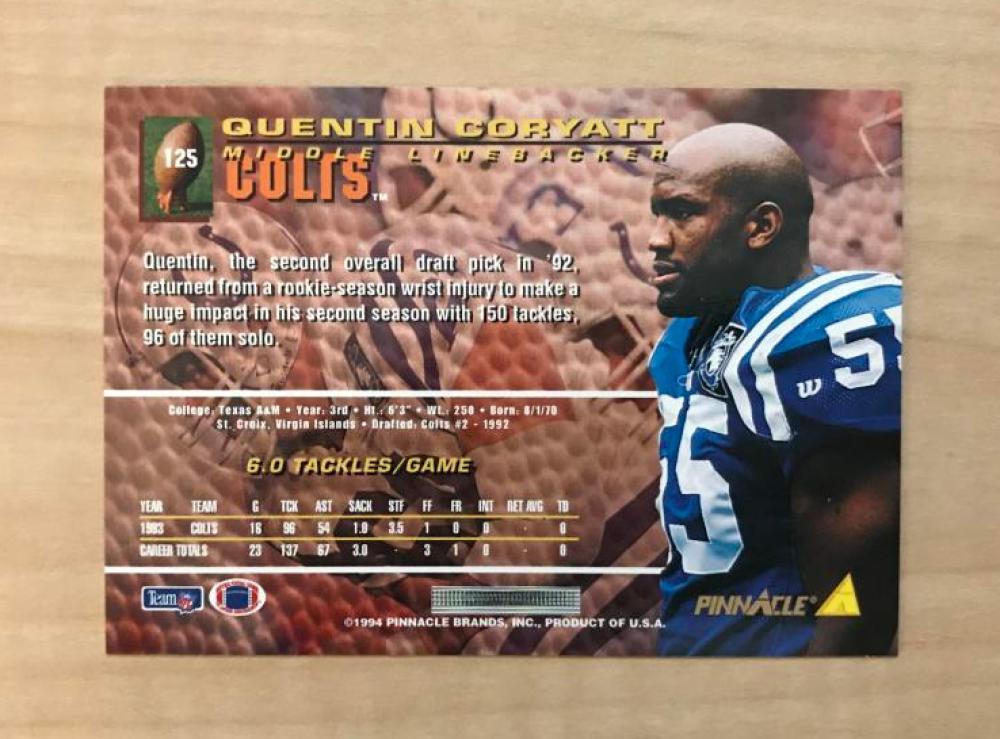 QUENTIN CORYATT INDIANAPOLIS COLTS AUTOGRAPHED 1994 PINNACLE CARD #125 W/COA