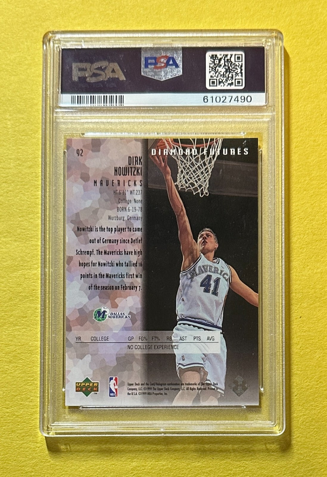 1998 UPPER DECK BLACK DIAMOND DIRK NOWITZKI #92 PSA NM-MT 8 MAVERICKS