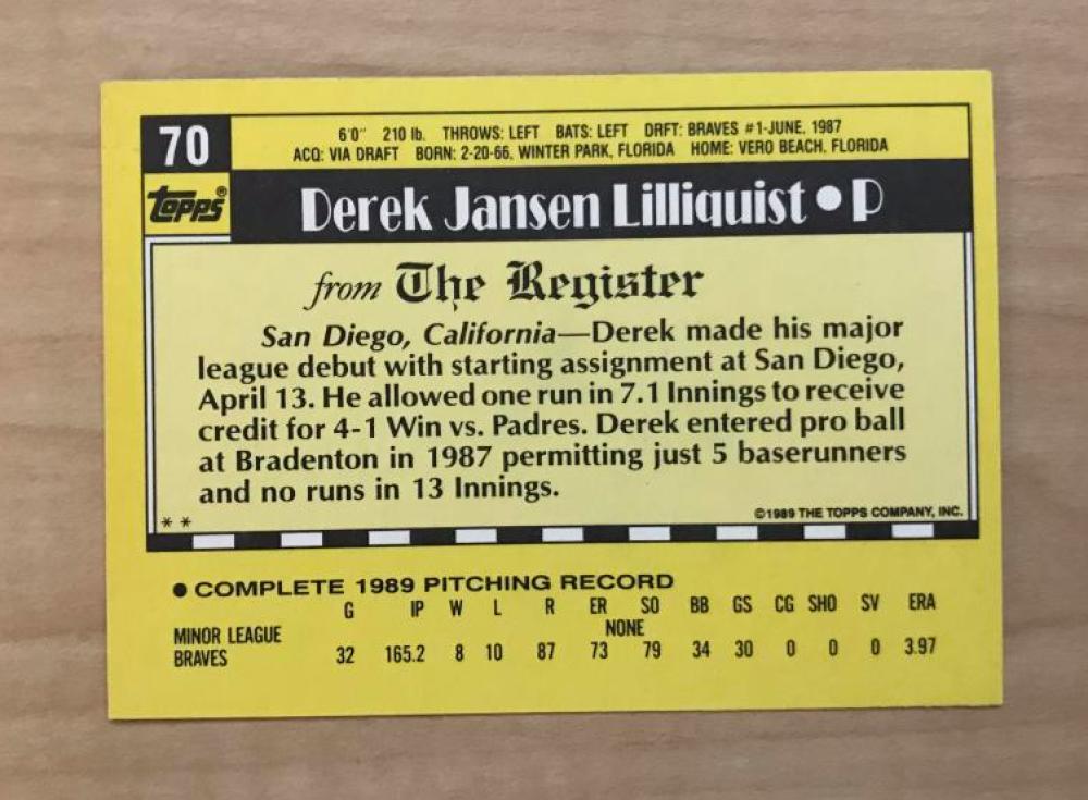 DEREK LILLIQUIST ATLANTA BRAVES SIGNED AUTOGRAPHED 1989 TOPPS CARD #70 W/COA 