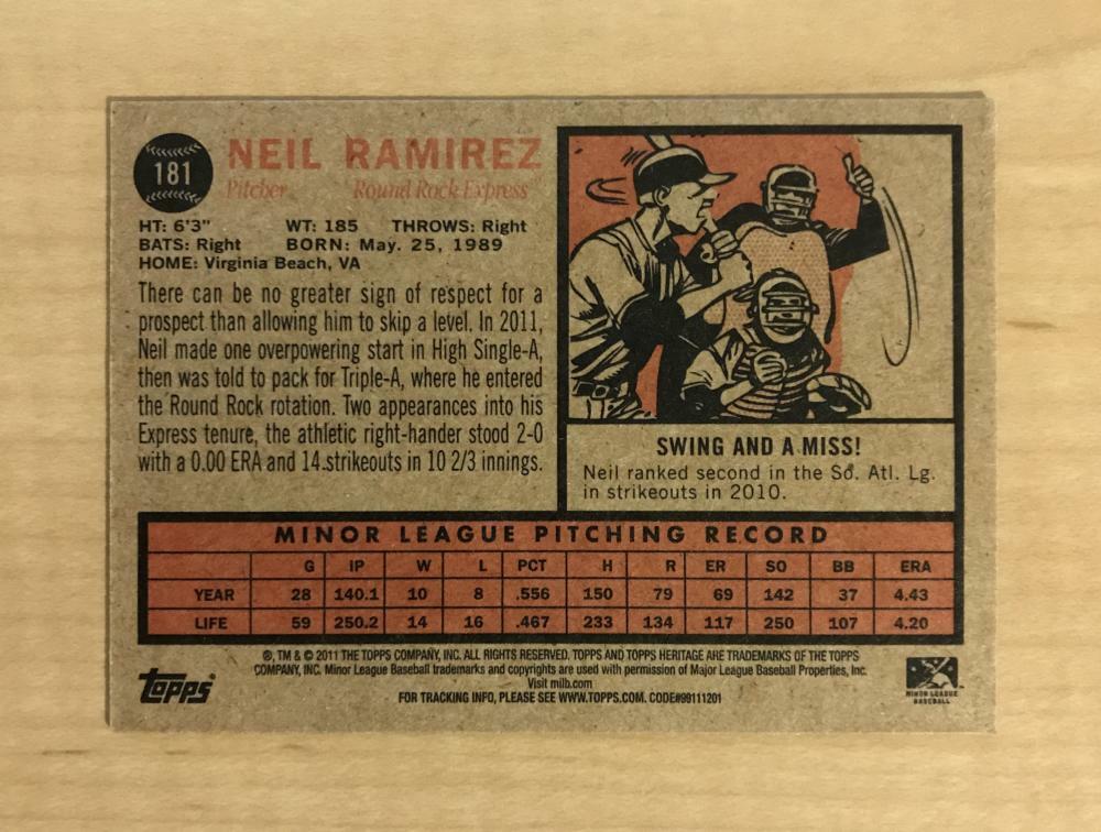 NEIL RAMIREZ ROUND ROCK EXPRESS SIGNED 2011 TOPPS HERITAGE MINORS CARD#181 W/COA