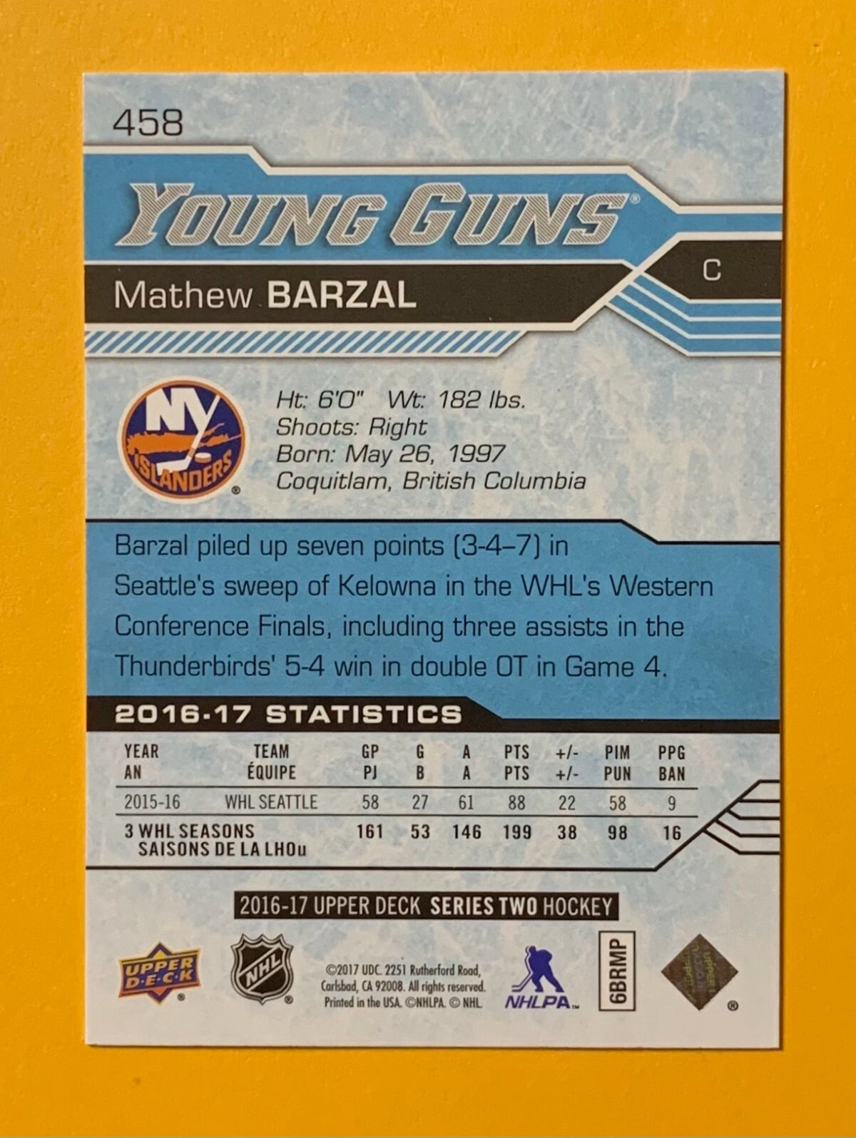 2016-17 UPPER DECK SERIES 2 MATHEW BARZAL YOUNG GUNS ROOKIE #458 ISLANDERS