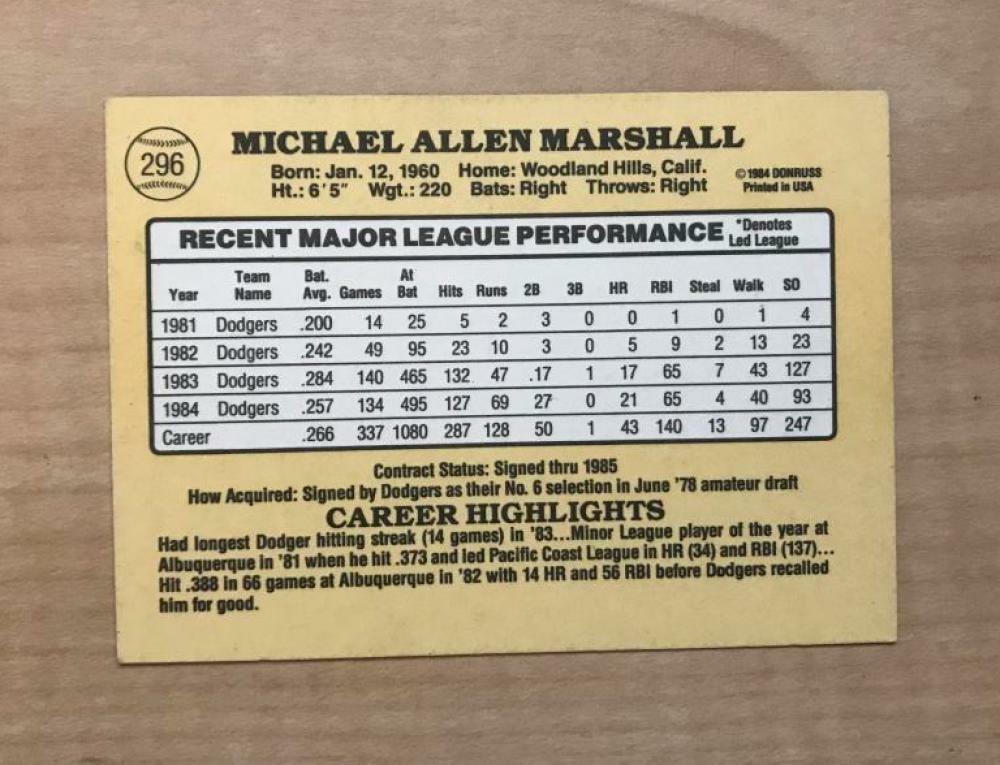 MIKE MARSHALL LOS ANGELES DODGERS SIGNED AUTOGRAPHED 1985 DONRUSS CARD#296 W/COA