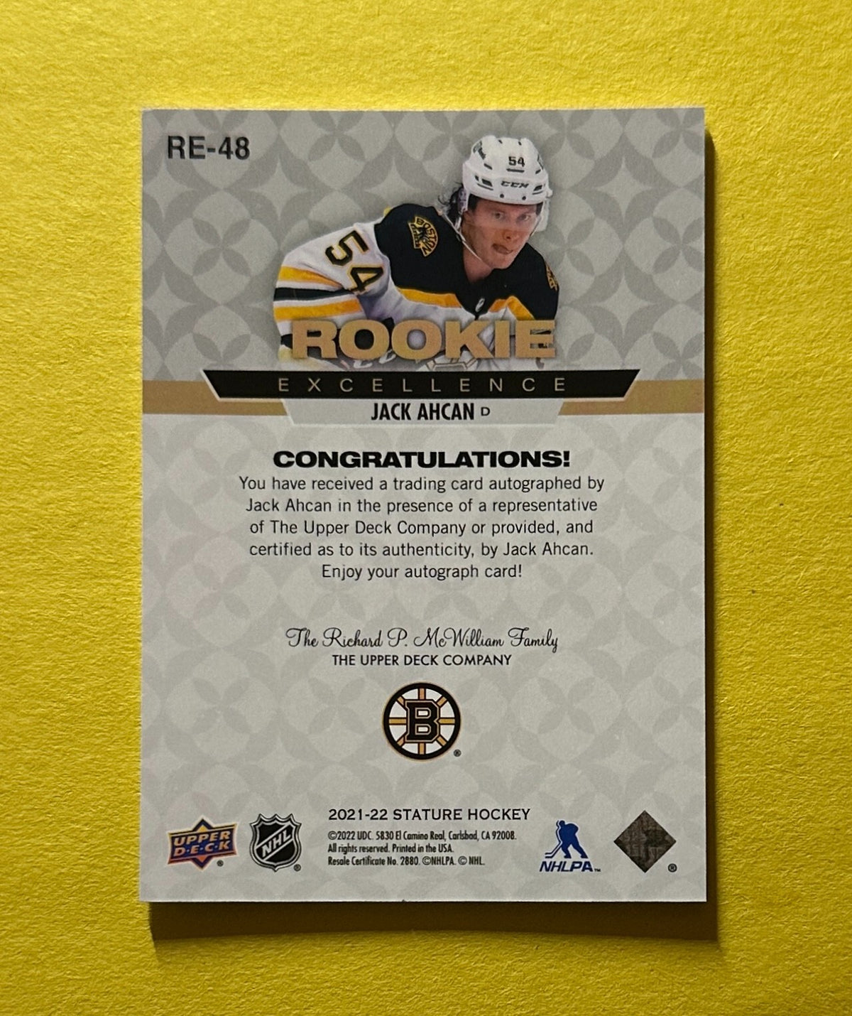 2021-22 UPPER DECK STATURE JACK AHCAN ROOKIE EXCELLENCE AUTO #RE-48 BRUINS