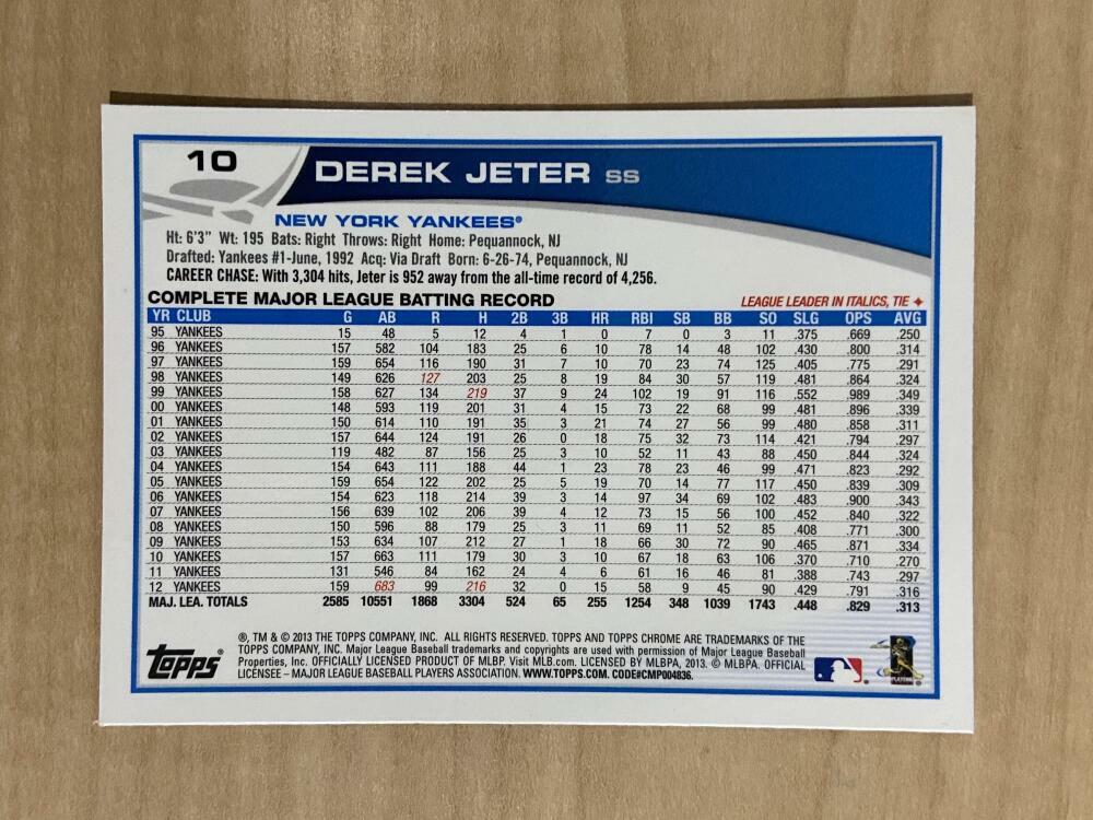 DEREK JETER NEW YORK YANKEES 2013 TOPPS CHROME CARD #10 