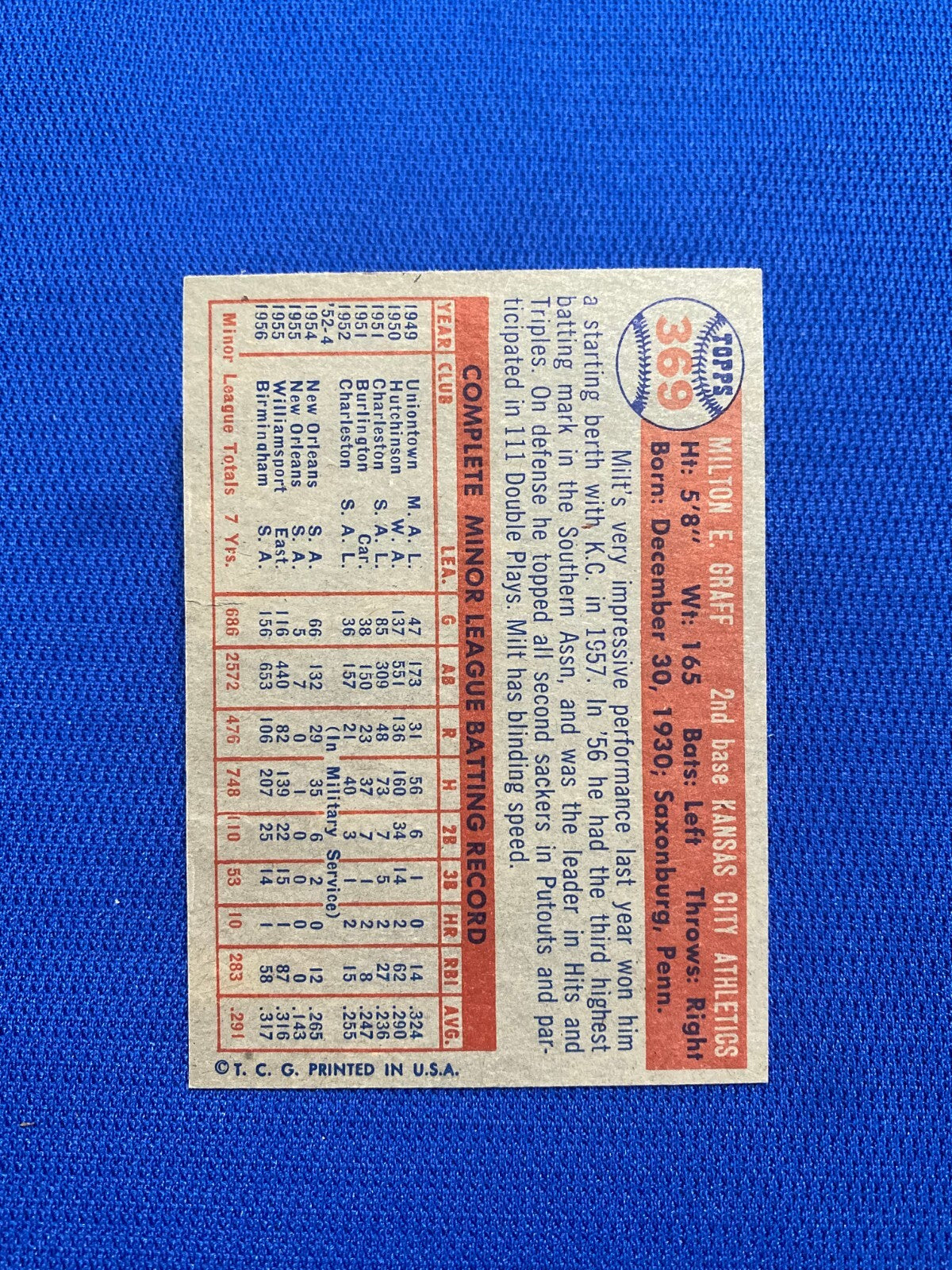 1957 TOPPS MILT GRAFF KANSAS CITY A'S #369 CARD VINTAGE SET-BREAK
