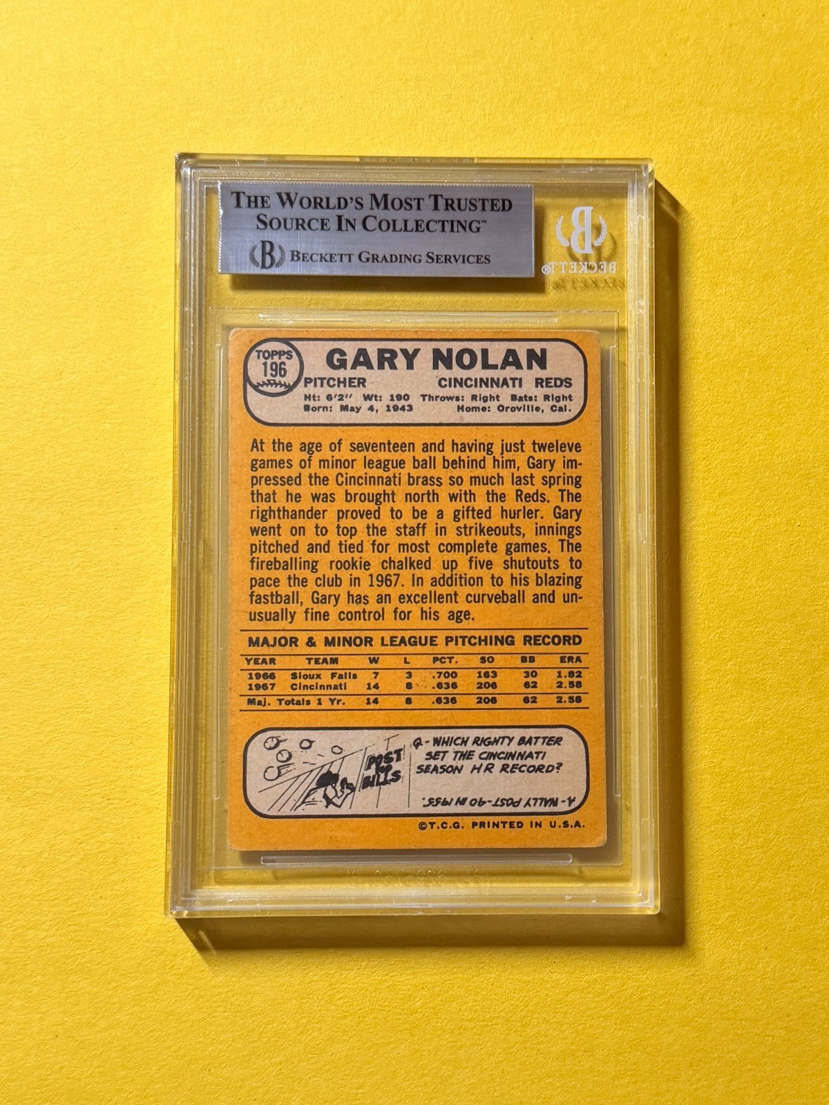 1968 TOPPS GARY NOLAN #196 SIGNED AUTO CARD BECKETT AUTHENTIC REDS