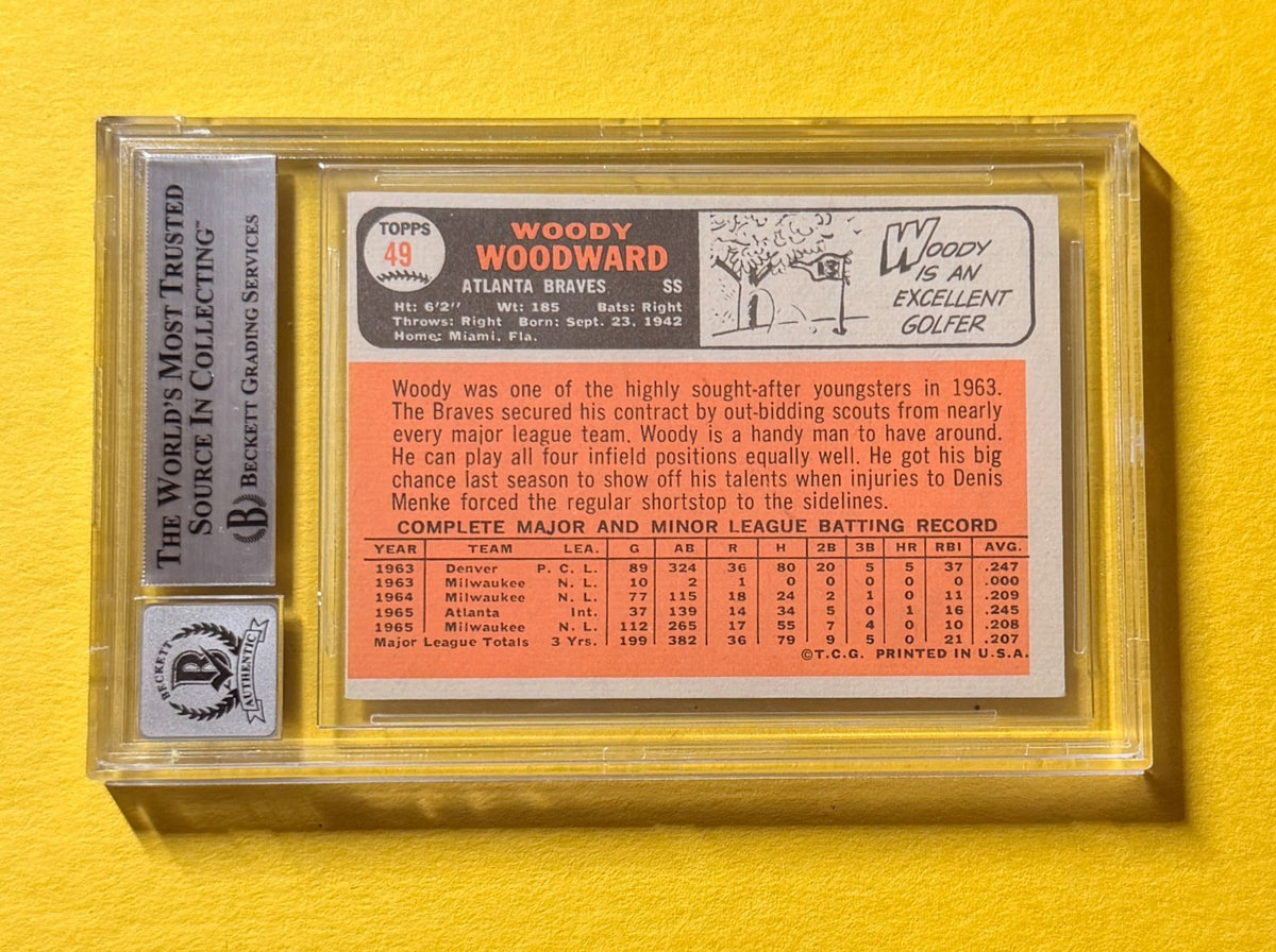 1966 TOPPS WOODY WOODWARD #49 SIGNED AUTO CARD BECKETT 10 AUTH BRAVES