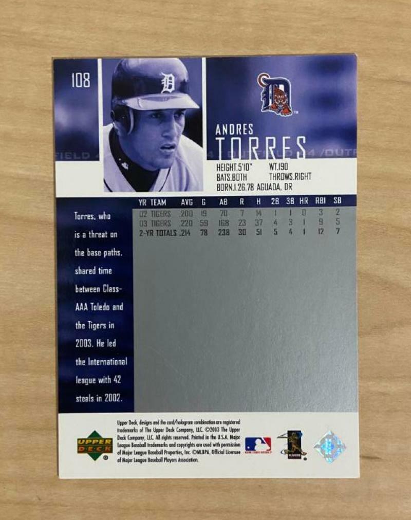 ANDRES TORRES DETROIT TIGERS SIGNED AUTOGRAPHED 2004 UPPER DECK CARD #108 W/COA