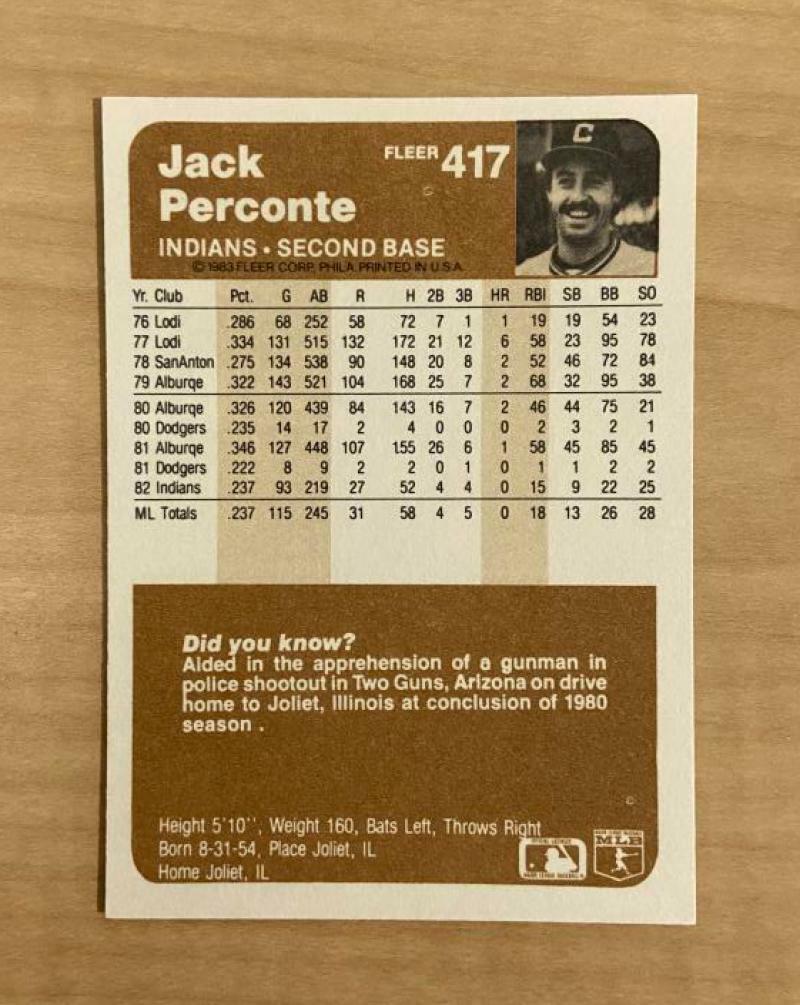 JACK PERCONTE CLEVELAND INDIANS SIGNED AUTOGRAPHED 1983 FLEER CARD #417 W/COA