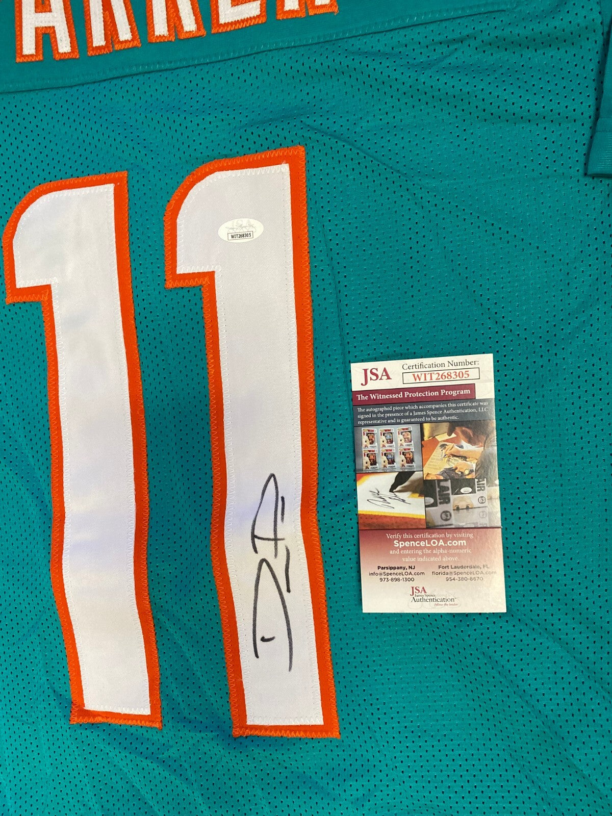 DEVANTE PARKER MIAMI DOLPHINS SIGNED AUTOGRAPH CUSTOM TEAL JERSEY SZ XL JSA *
