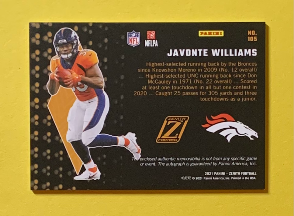2021 PANINI ZENITH JAVONTE WILLIAMS ROOKIE PATCH AUTO /135 #105 BRONCOS
