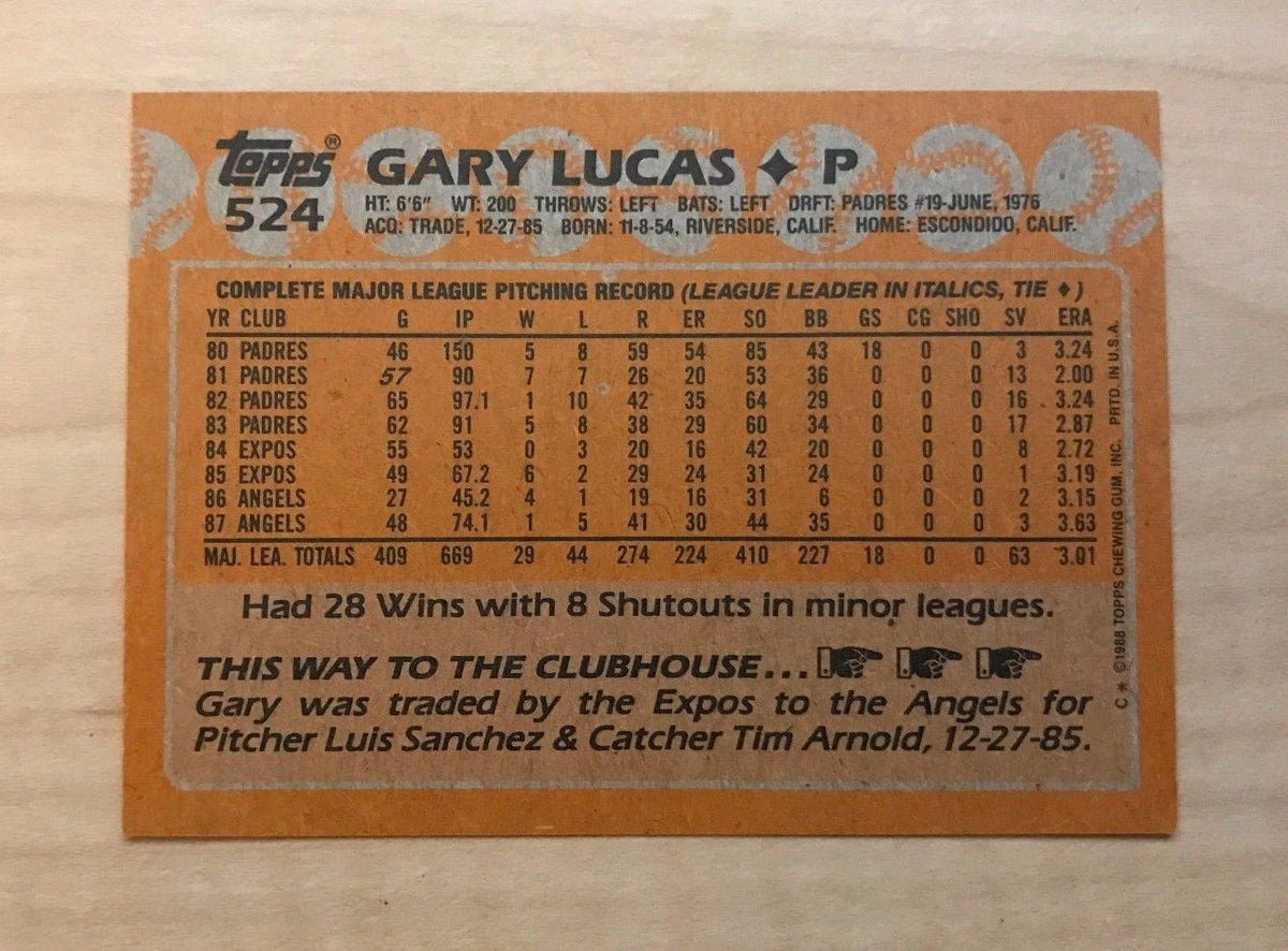 GARY LUCAS CALIFORNIA ANGELS SIGNED AUTOGRAPHED 1988 TOPPS CARD #524 W/COA