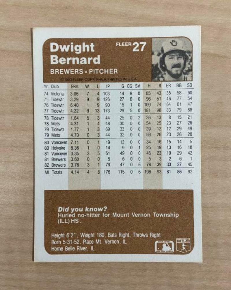 DWIGHT BERNARD MILWAUKEE BREWERS SIGNED AUTOGRAPHED 1983 FLEER CARD #27 W/COA
