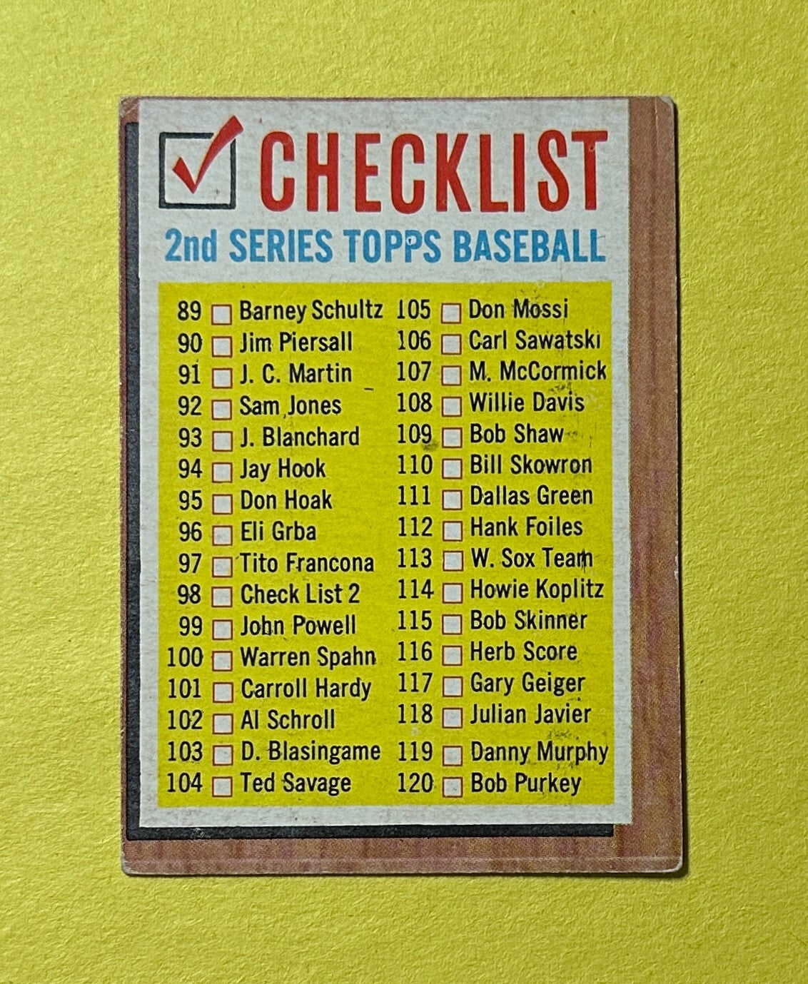 1962 TOPPS CHECKLIST 2ND SERIES #98