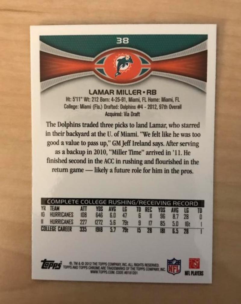 LAMAR MILLER MIAMI DOLPHINS SIGNED AUTOGRAPHED 2012 TOPPS CARD #38 W/COA