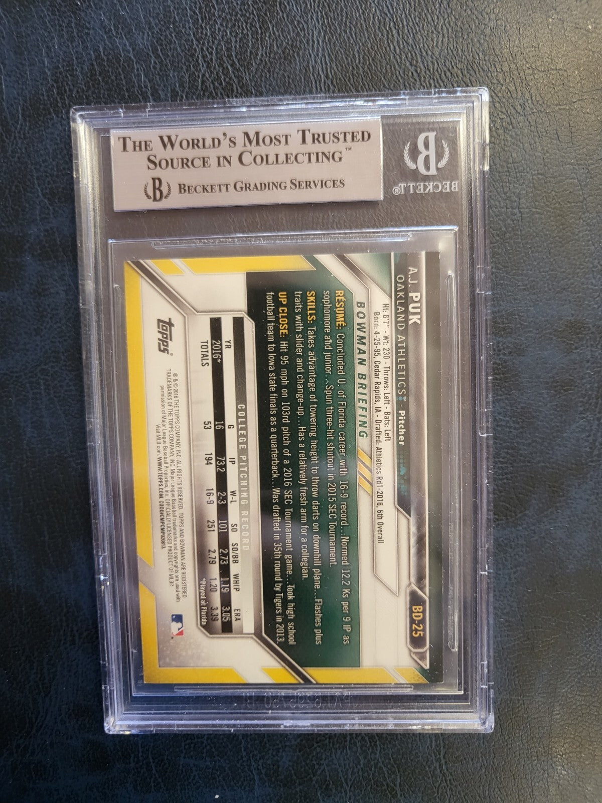 2016 BOWMAN DRAFT A.J. PUK SIGNED AUTOGRAPHED CARD #BD25 BECKETT AUTHENTIC