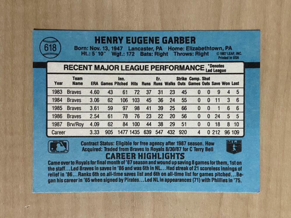 GENE GARBER KANSAS CITY ROYALS SIGNED AUTOGRAPHED 1988 DONRUSS CARD #618 W/COA