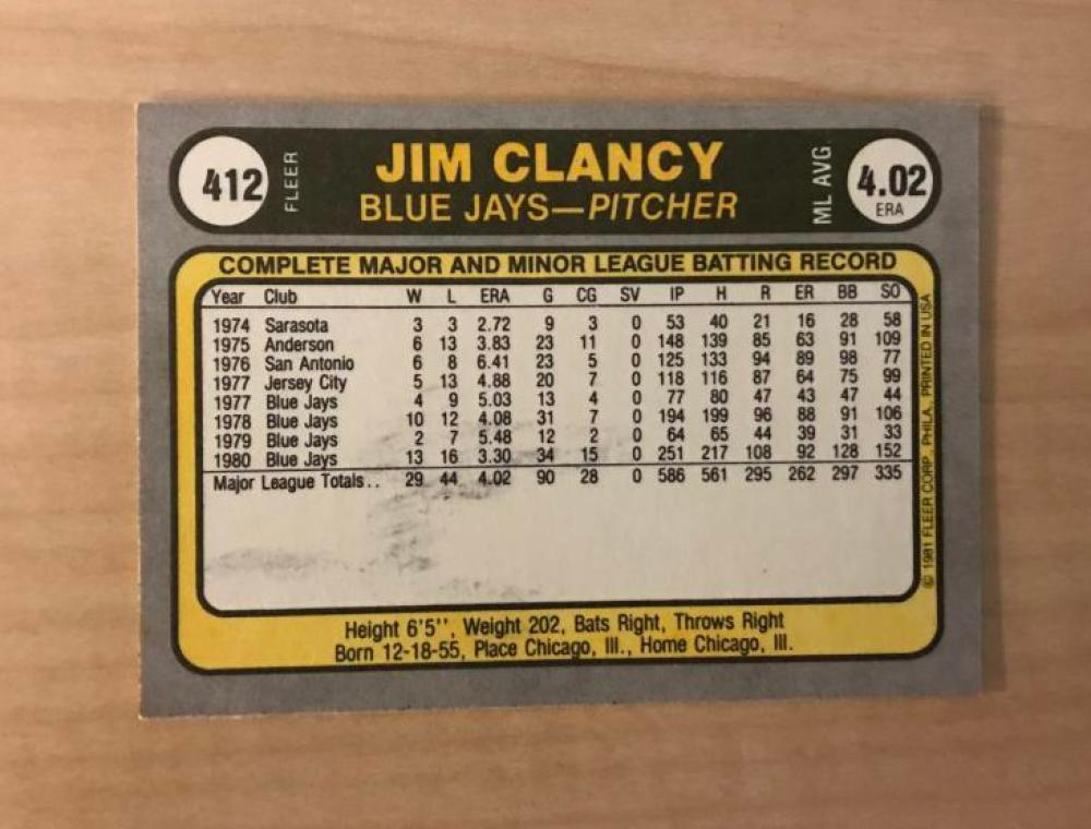 JIM CLANCY TORONTO BLUE JAYS SIGNED AUTOGRAPHED 1981 FLEER CARD #412 W/COA
