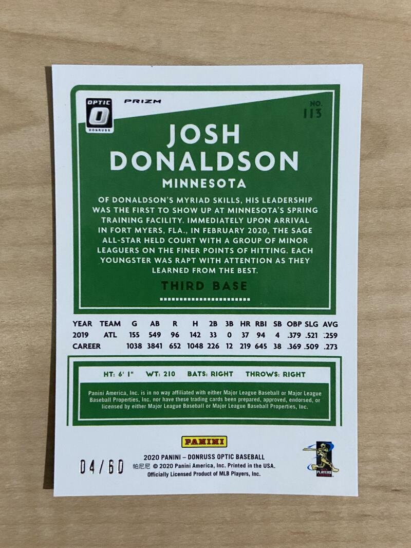2020 DONRUSS OPTIC BASEBALL JOSH DONALDSON RED PRIZM REFRACTOR TWINS 4/60