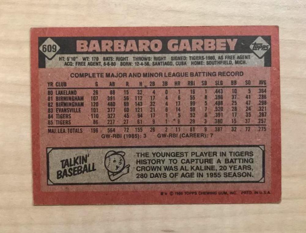BARBARO GARBEY DETROIT TIGERS SIGNED AUTOGRAPHED 1986 TOPPS CARD #609 W/COA