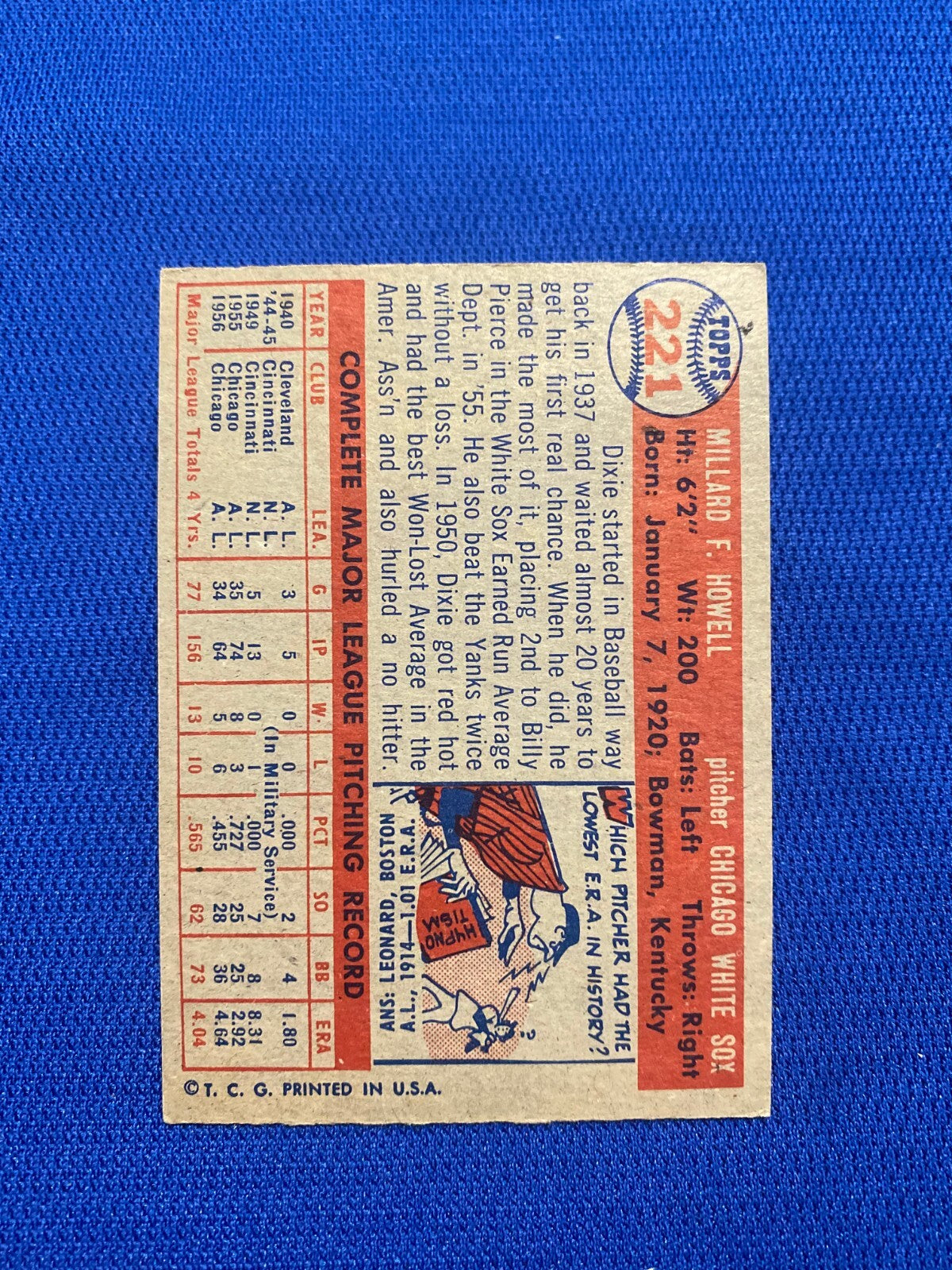 1957 TOPPS DIXIE HOWELL CHICAGO WHITE SOX #221 CARD VINTAGE SET-BREAK