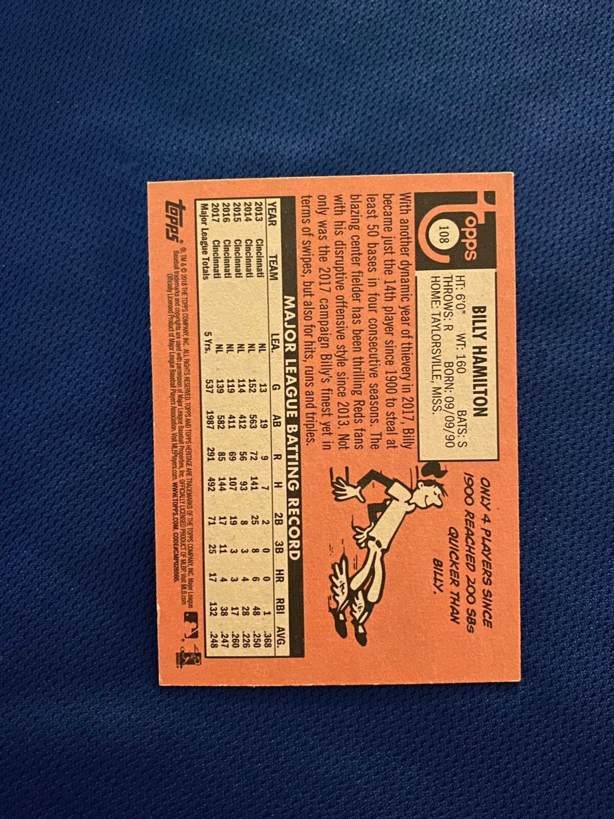 2018 TOPPS HERITAGE BILLY HAMILTON REDS RC ROOKIE SIGNED AUTO CARD #108 W/COA