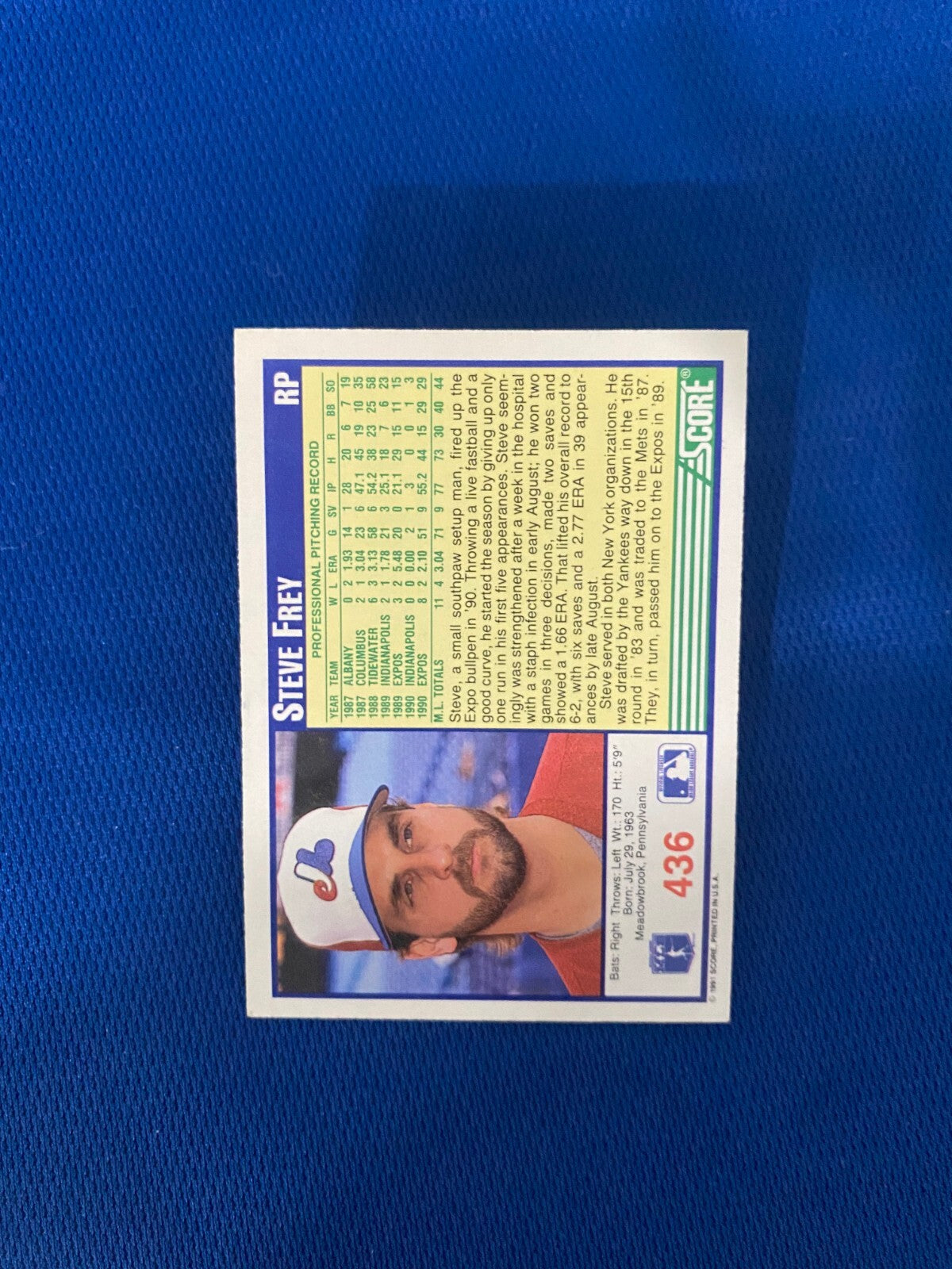 1991 SCORE STEVE FREY MONTREAL EXPOS AUTOGRAPHED SIGNED CARD #436 W/COA