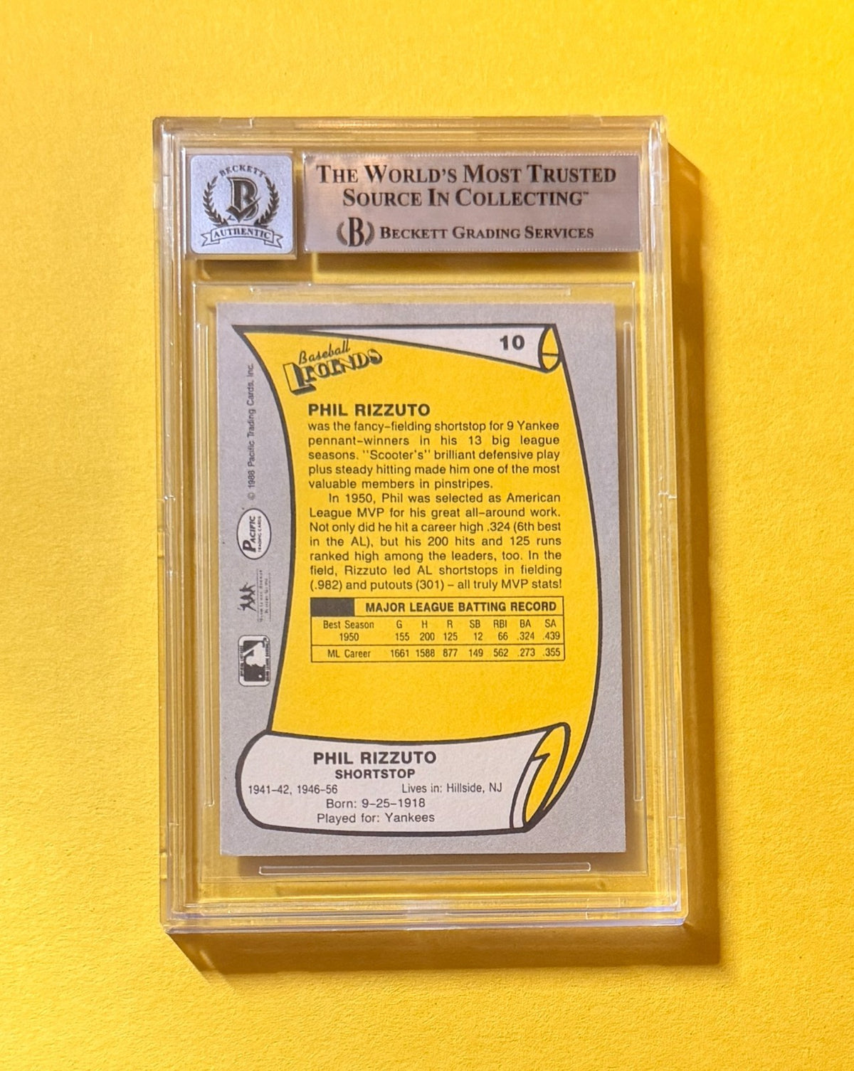 1988 PACIFIC LEGENDS PHIL RIZZUTO #10 SIGNED AUTO CARD BECKETT 10 AUTHENTIC