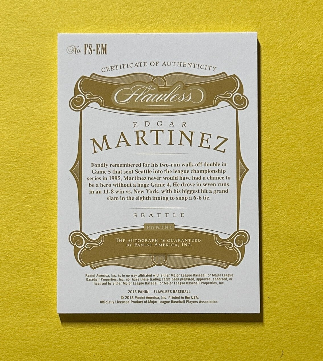 2018 PANINI FLAWLESS EDGAR MARTINEZ AUTOGRAPH /20 #FS-EM MARINERS HOF