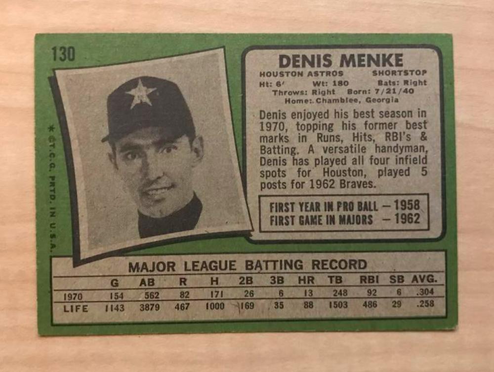 DENIS MENKE HOUSTON ASTROS SIGNED AUTOGRAPHED 1971 TOPPS CARD #130 W/COA