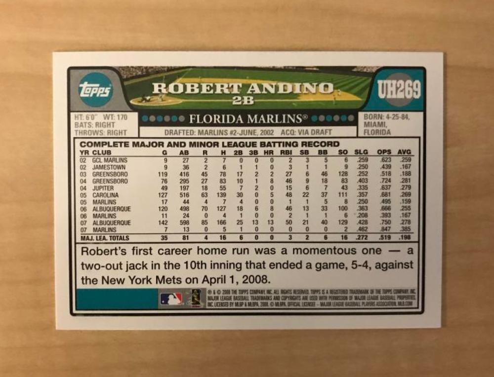 ROBERT ANDINO FLORIDA MARLINS SIGNED AUTOGRAPHED 2008 TOPPS CARD #UH269 W/COA