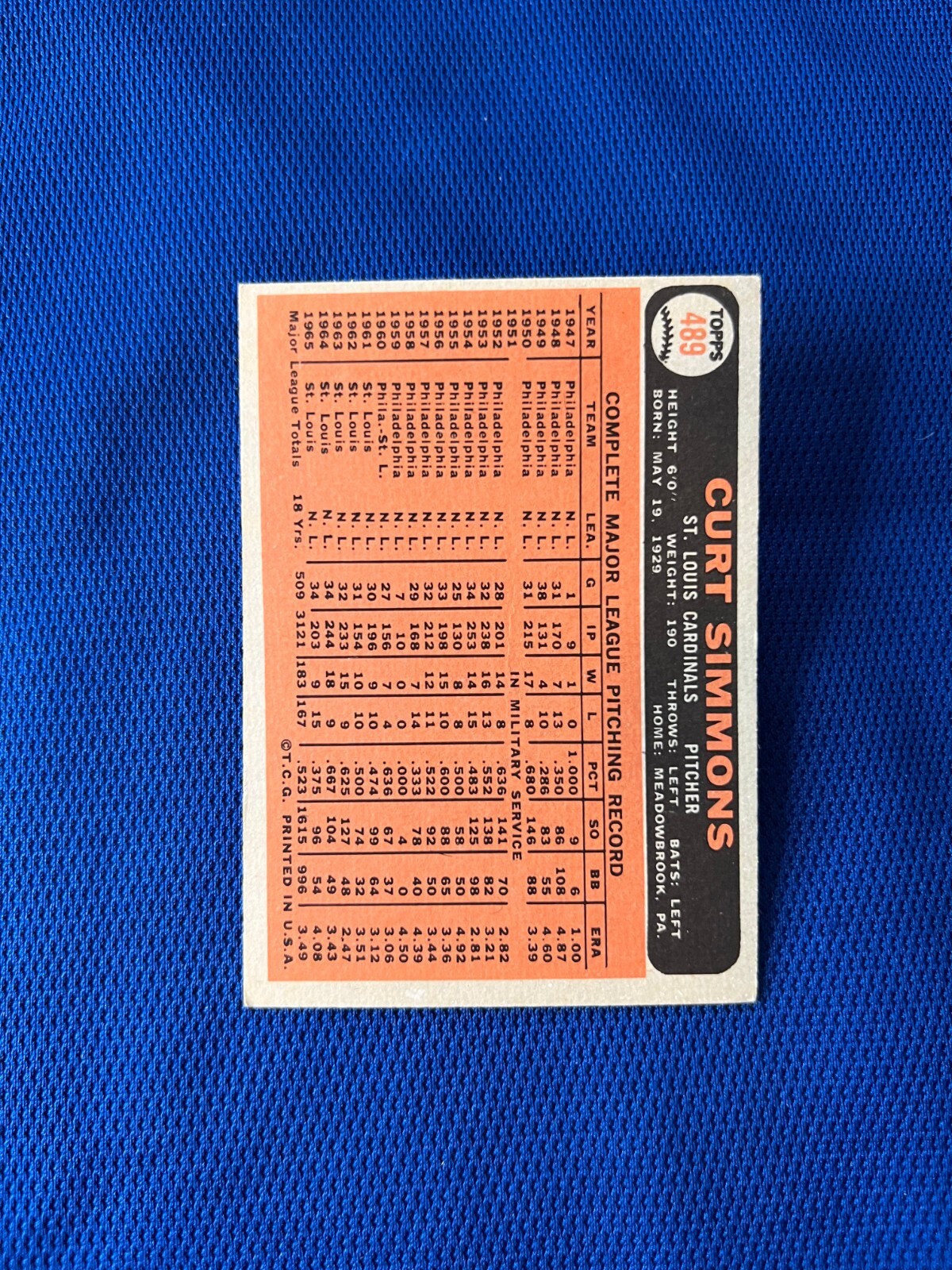 VINTAGE 1966 TOPPS CURT SIMMONS ST. LOUIS CARDINALS CARD #489